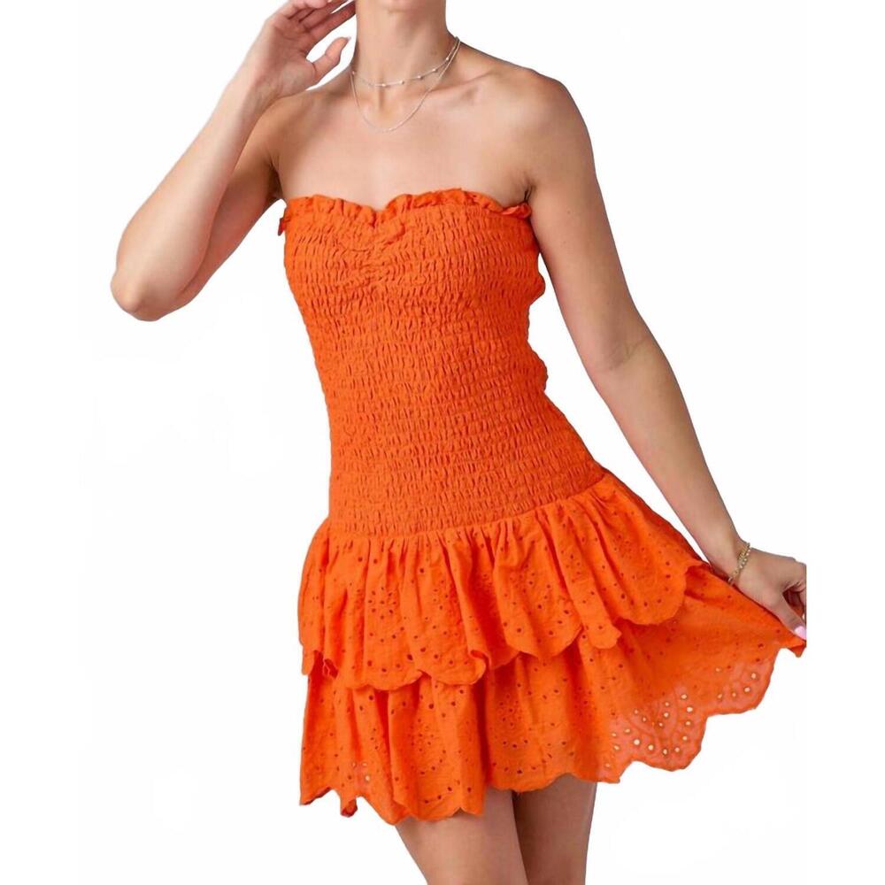 NEW BABY PINK eyelet smocked ruffle mini dress in orange